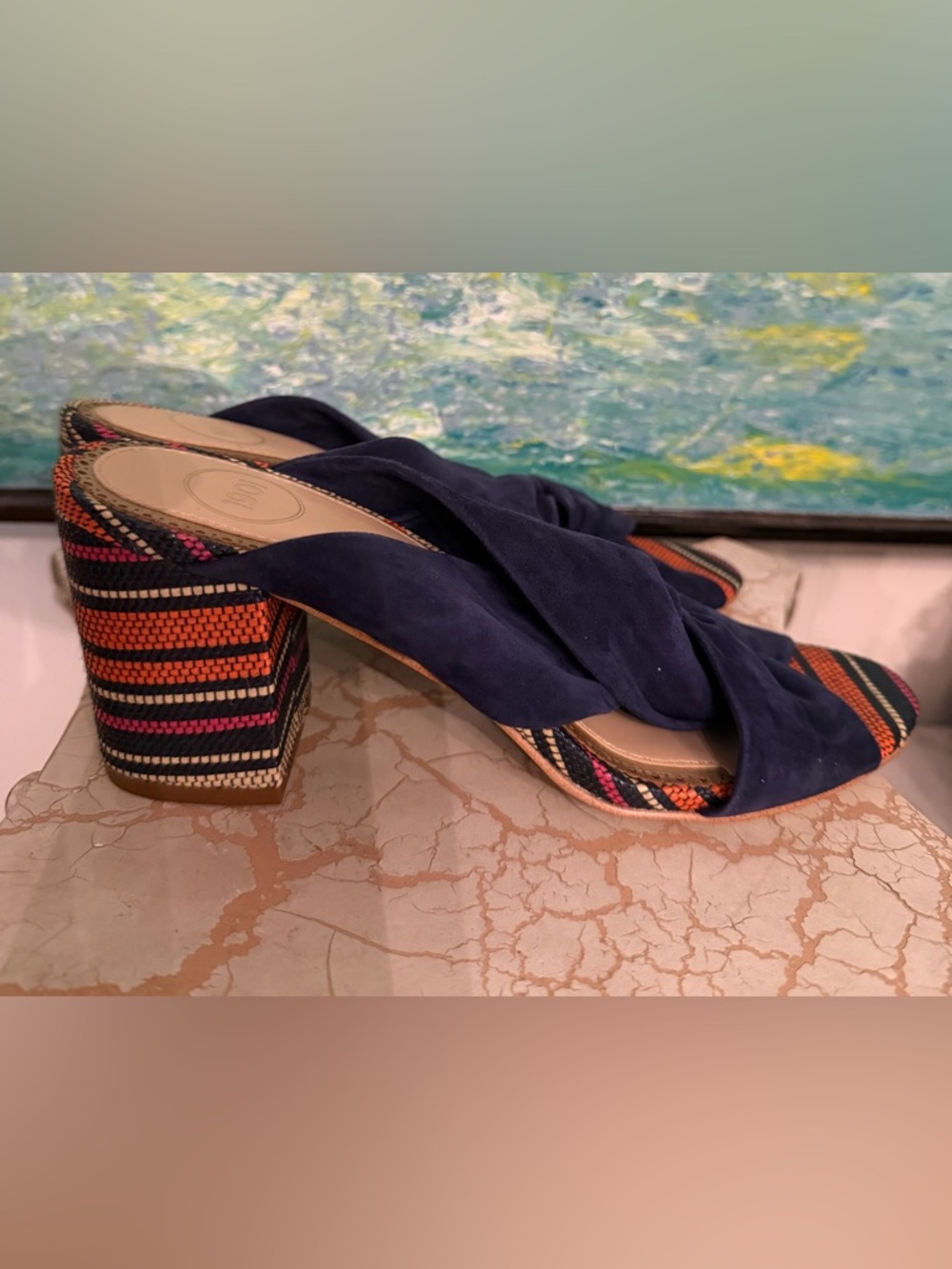 1901 Navy Blue Soft SuedeTwisted Strap Block Heel Sandals